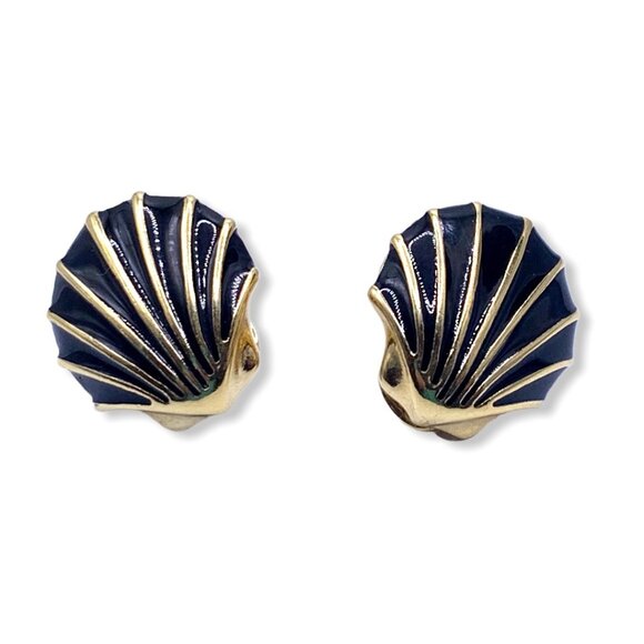 VTG 80s Monet Signed Clam Shell Clip-On Earrings Art Deco Estate Gold Tone Black - Picture 1 of 7
